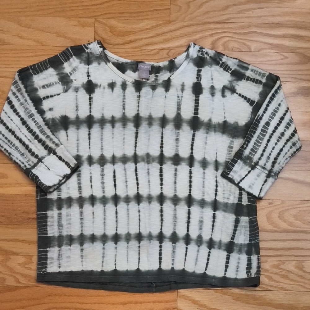Chico's Charcoal & Cream Tie-Dye Cotton Shirt, Size 2 (Standard 14) NWOT